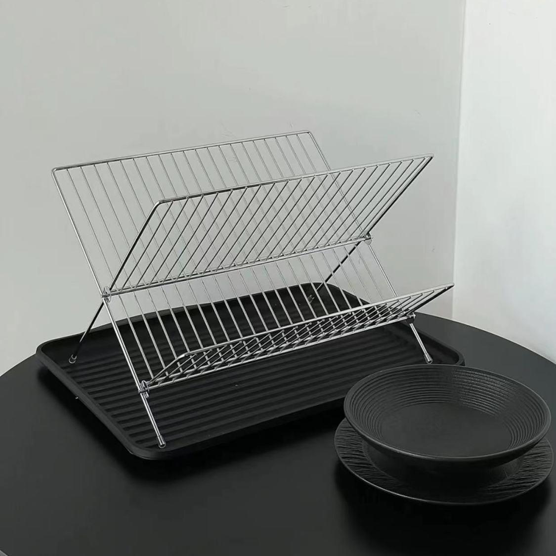 Jaza Keja Foldable Dish Drying Rack with Drip Tray Stainless Steel 2 Tier Dish Drainer Rack Collapsible Dish Drainer
