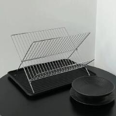 [Sale]Jaza Keja Chrome 2 Layer Stainless Steel Foldable X Shaped Dish Drain Drying Rack with Drip Tray Dish Drainer Rack Collapsible Dish Drainer