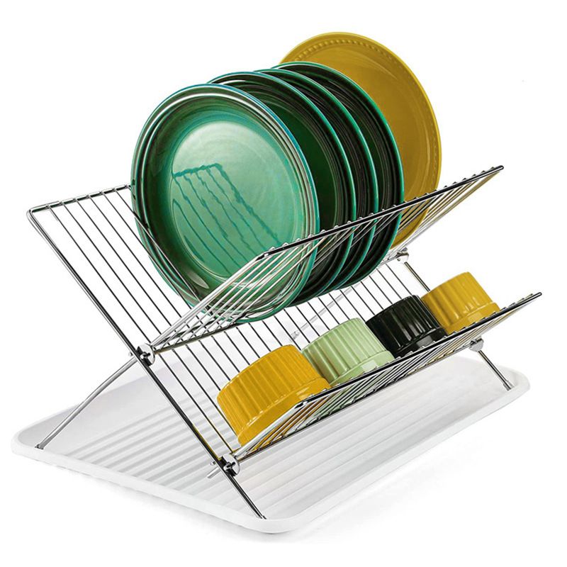 Jaza Keja Foldable Dish Drying Rack with Drip Tray Stainless Steel 2 Tier Dish Drainer Rack Collapsible Dish Drainer