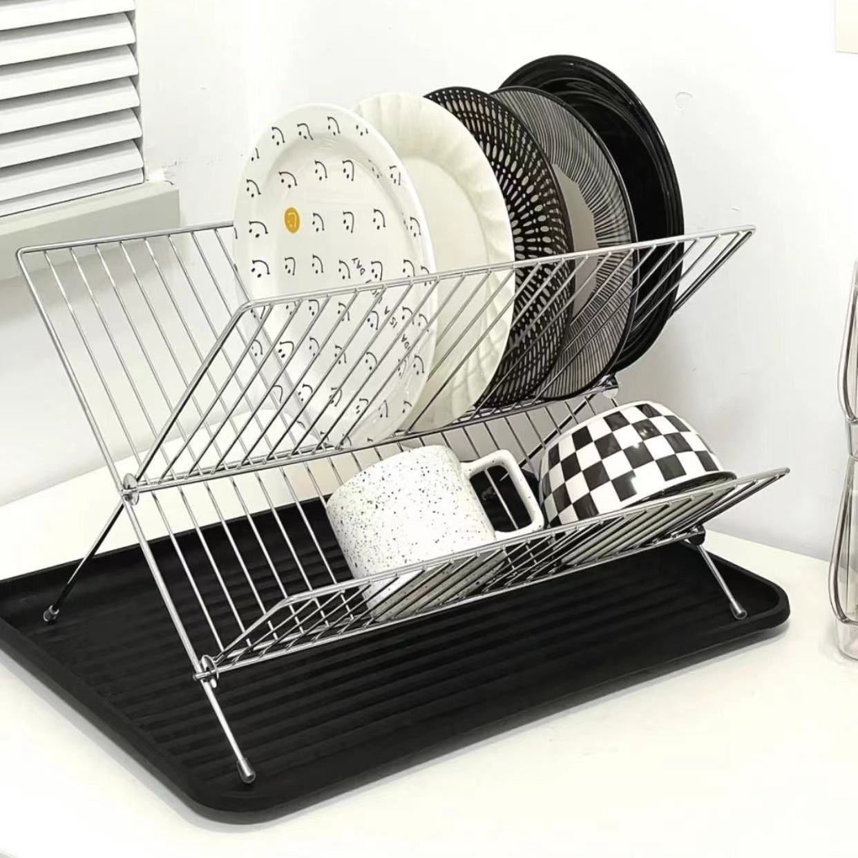 Jaza Keja Foldable Dish Drying Rack with Drip Tray Stainless Steel 2 Tier Dish Drainer Rack Collapsible Dish Drainer