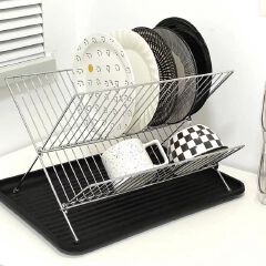 [Sale]Jaza Keja Chrome 2 Layer Stainless Steel Foldable X Shaped Dish Drain Drying Rack with Drip Tray Dish Drainer Rack Collapsible Dish Drainer