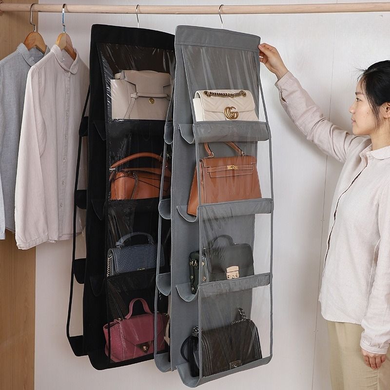 Jaza Keja 6 Pocket Hanging Handbag Organizer For Wardrobe Closet Gray Waterproof Storage Bag Door Wall Clear Sundry Bag With Hanger Pouch