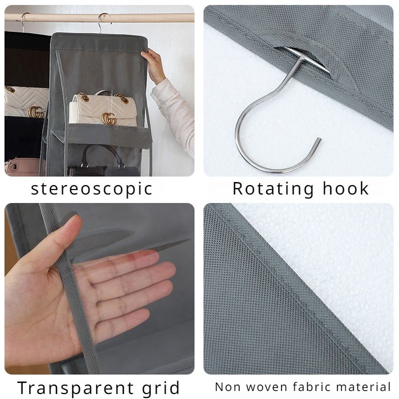 Jaza Keja 6 Pocket Hanging Handbag Organizer For Wardrobe Closet Gray Waterproof Storage Bag Door Wall Clear Sundry Bag With Hanger Pouch
