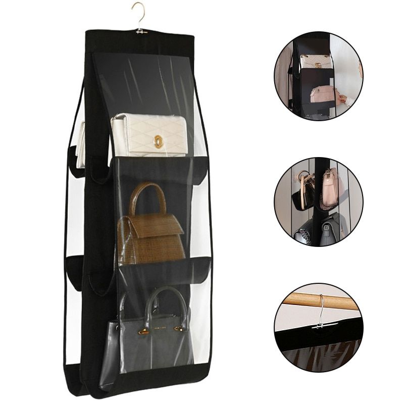 Jaza Keja 6 Pocket Hanging Handbag Organizer For Wardrobe Closet Gray Waterproof Storage Bag Door Wall Clear Sundry Bag With Hanger Pouch