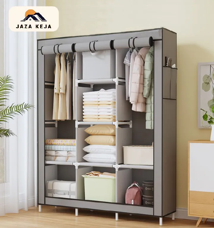 Jaza Keja 105cm Wide 3 Columns metalic Clothes Storage Portable Wardrobe Dustproof Cover Closet Durable Clothes Rack Organizer