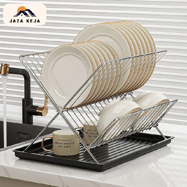 Jaza Keja Foldable Dish Drying Rack with Drip Tray Stainless Steel 2 Tier Dish Drainer Rack Collapsible Dish Drainer