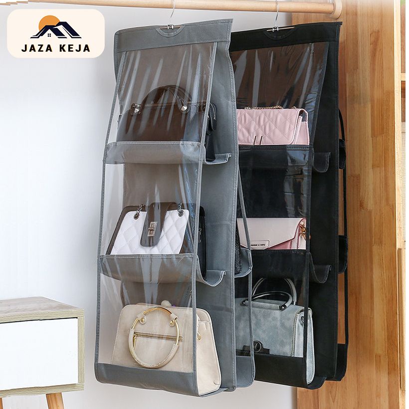 Jaza Keja 6 Pocket Hanging Handbag Organizer For Wardrobe Closet Gray Waterproof Storage Bag Door Wall Clear Sundry Bag With Hanger Pouch