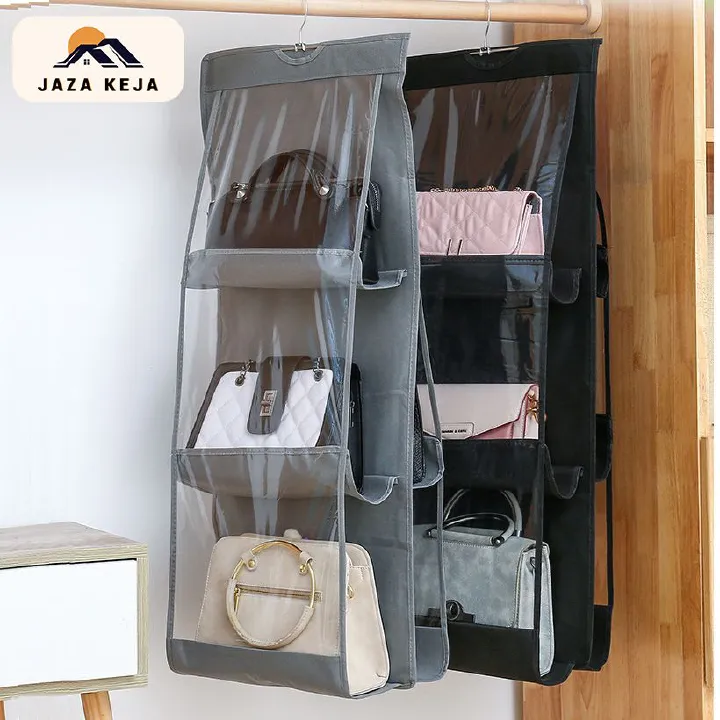 Jaza Keja 6 Pocket Hanging Handbag Organizer For Wardrobe Closet Gray Waterproof Storage Bag Door Wall Clear Sundry Bag With Hanger Pouch