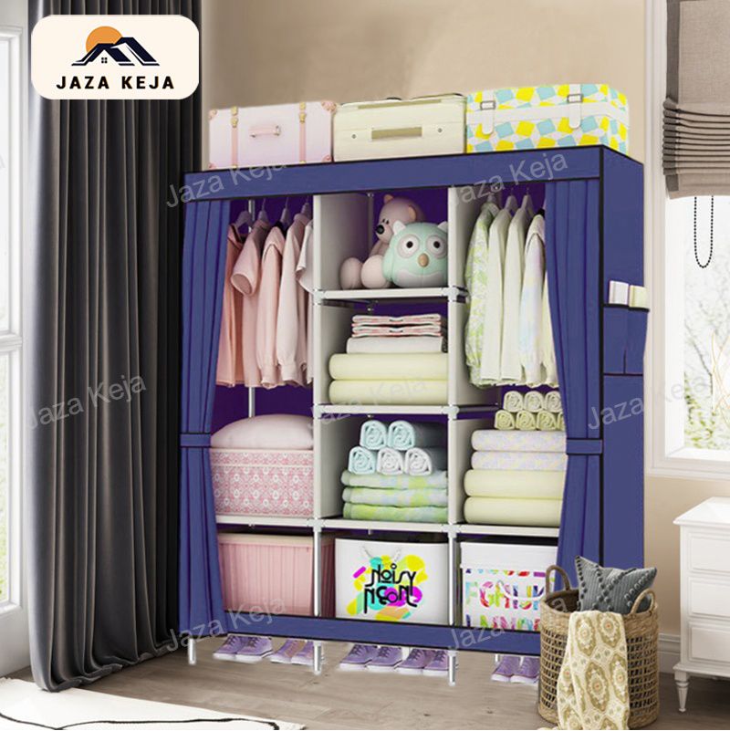 Jaza Keja 3 Columns Assemble Closets Portable Home Storage Metallic Portable Cloth Wardrobe for Hanging Clothes with 2 Hanging Rods