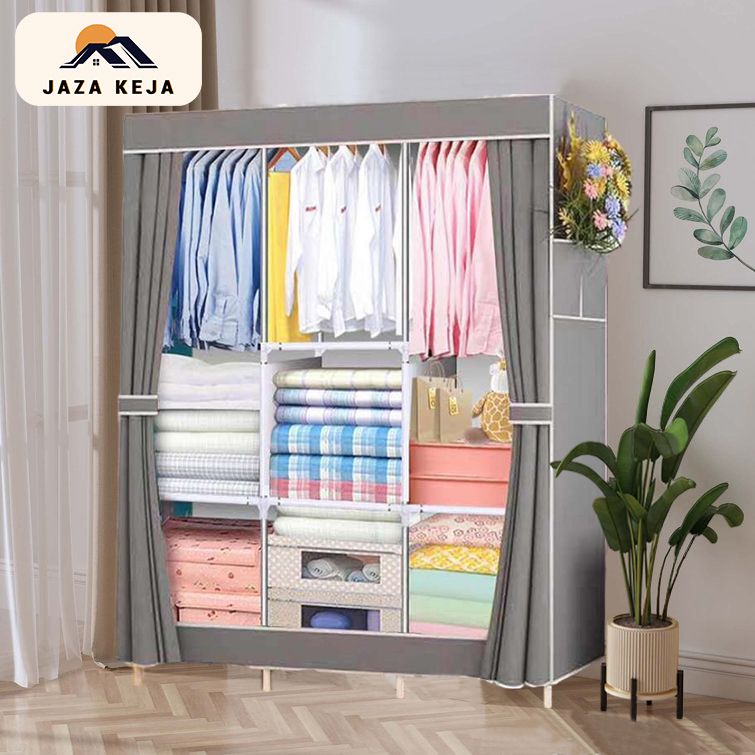 【Promotions】Jaza Keja 105cm Portable 3 Columns Wardrobe Closet Clothes Metallic Organizer Non-Woven Fabric Cover with 6 Storage Shelves 2 Hanging Sections