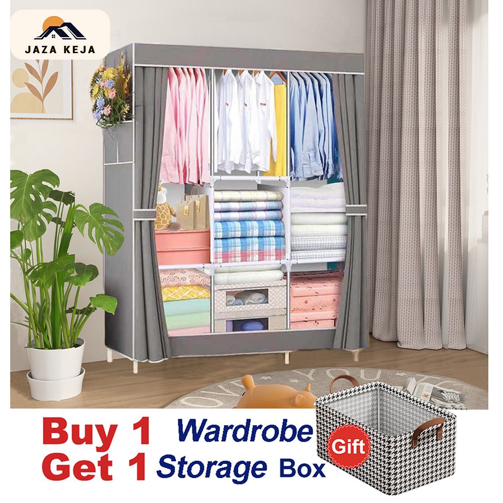 【Promotions】Jaza Keja 105cm Portable 3 Columns Wardrobe Closet Clothes Metallic Organizer Non-Woven Fabric Cover with 6 Storage Shelves 2 Hanging Sections