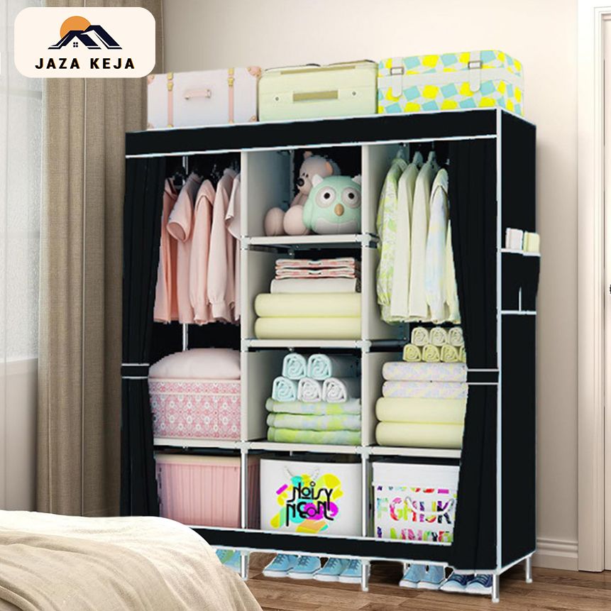 Jaza Keja 3 Columns Assemble Closets Portable Home Storage Metallic Portable Cloth Wardrobe for Hanging Clothes with 2 Hanging Rods