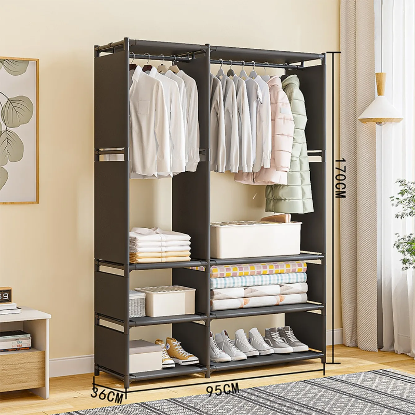 Jaza Keja 2 Columns Clothes Portable Wardrobe Garment Rack Shoes Hat Integrated Clothes Drying Rack Storage Shelf Home Organizer