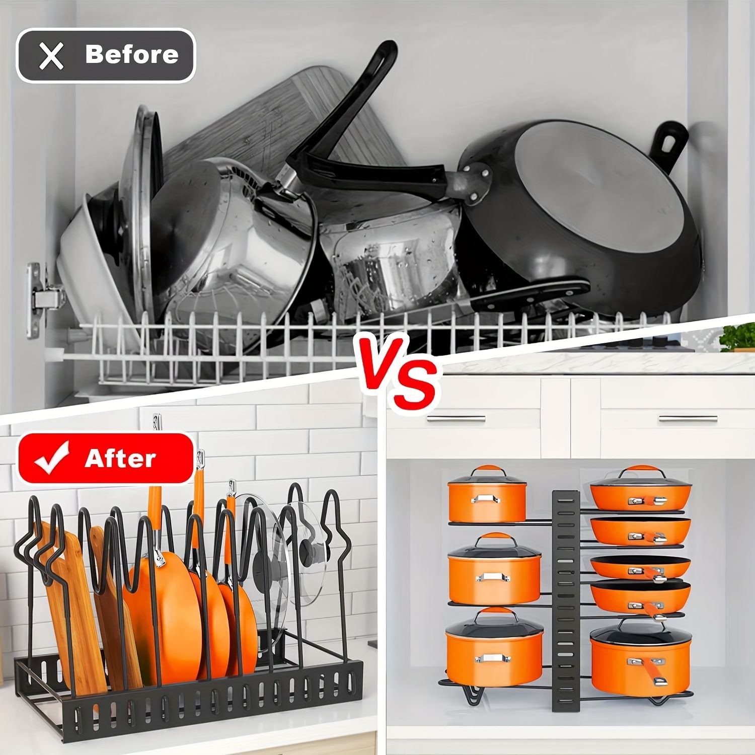 Jaza Keja 5/8 Tier Pot Pan Rack Organizer Metal Space-saving Cabinet Holder Adjustable Organizer for Pots, Pans and Lids