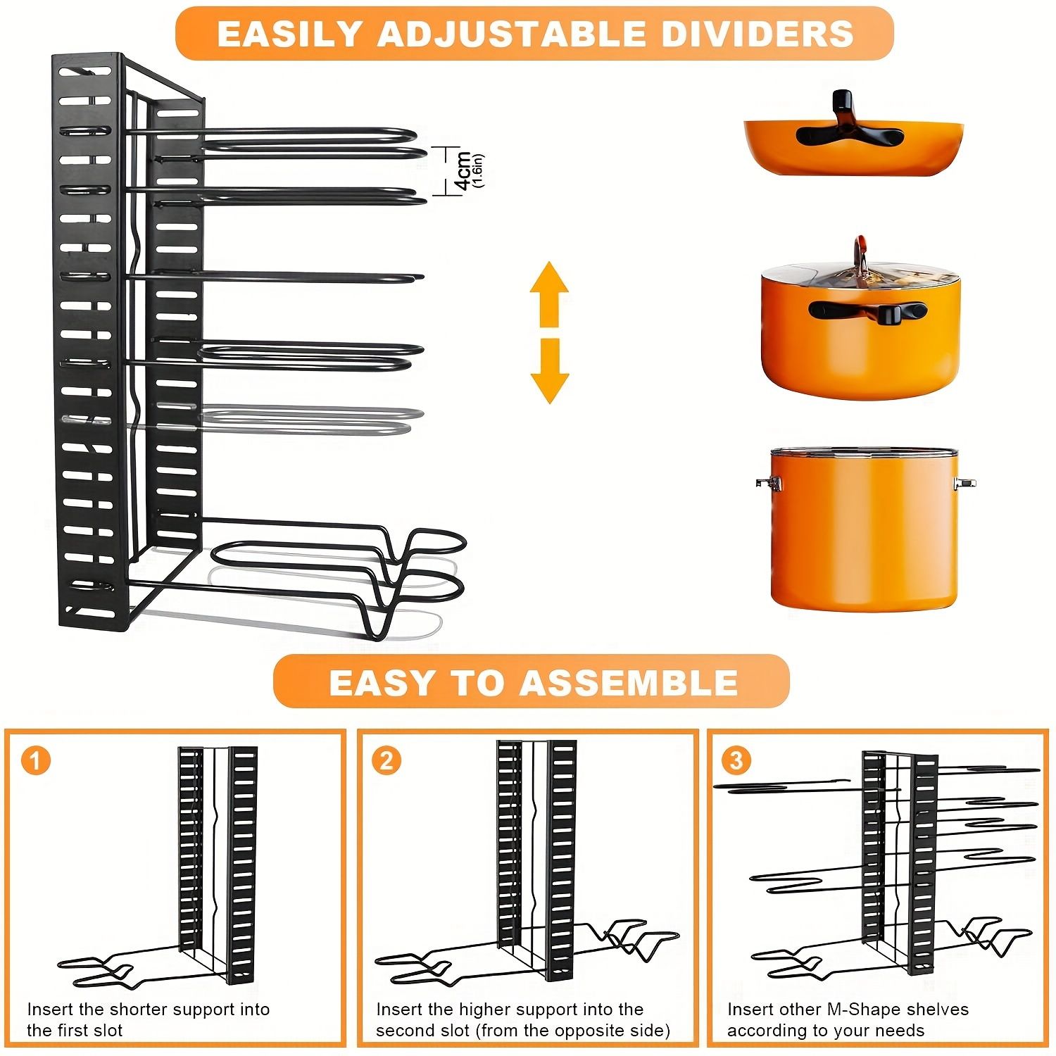 Jaza Keja 5/8 Tier Pot Pan Rack Organizer Metal Space-saving Cabinet Holder Adjustable Organizer for Pots, Pans and Lids