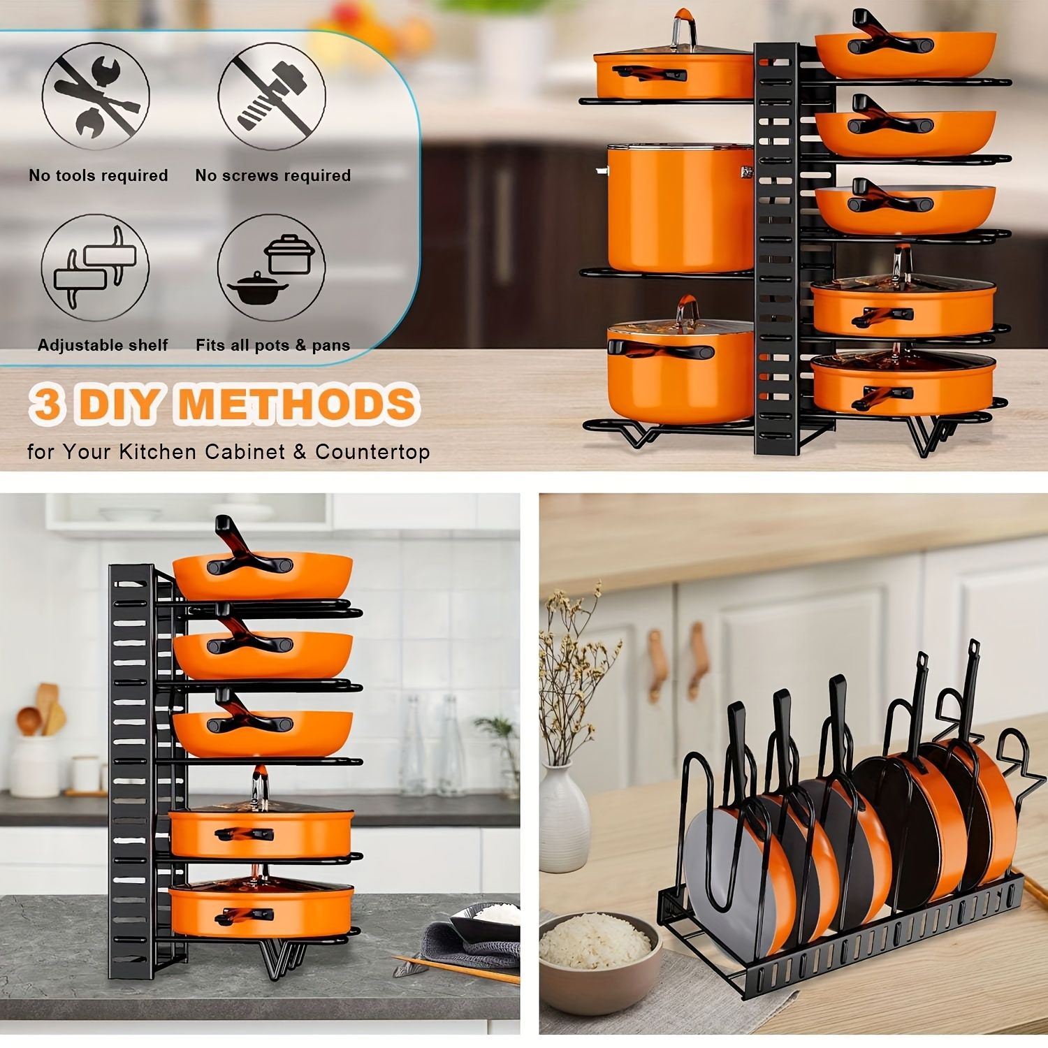 Jaza Keja 5/8 Tier Pot Pan Rack Organizer Metal Space-saving Cabinet Holder Adjustable Organizer for Pots, Pans and Lids
