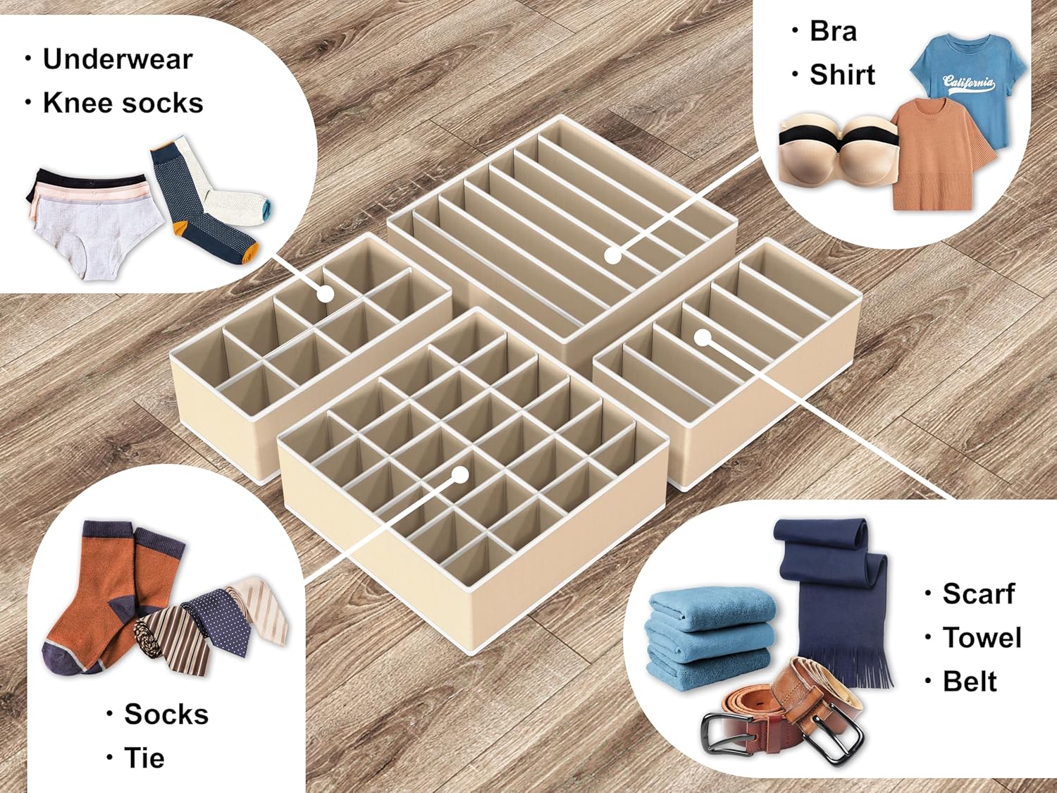 Jaza Keja 4pcs of 6 7 8 24 Grids Closet Drawers Organizer Storage for Underwear, Bra, Socks Clothes Divider Sock Storage