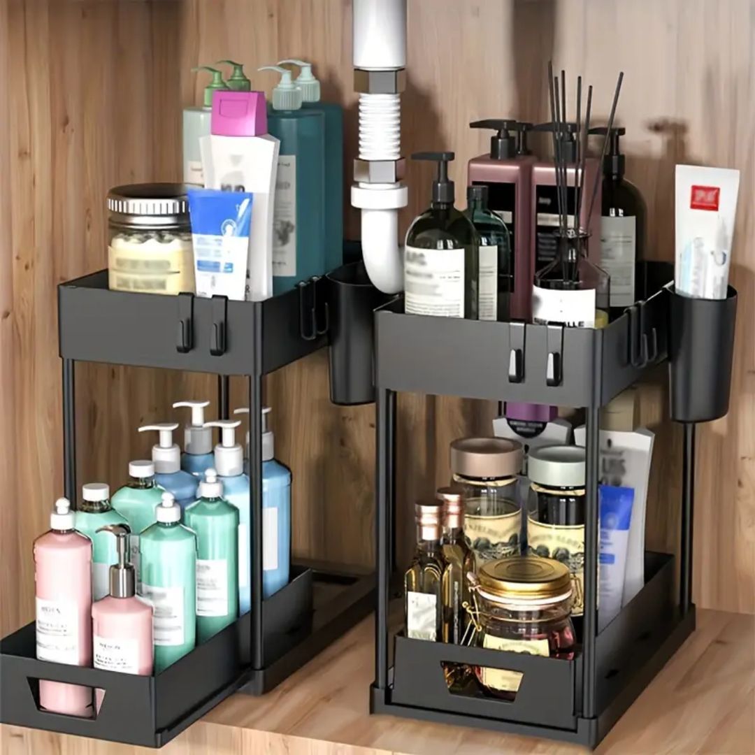 Jaza Keja Double Sliding Under Sink Organizers Pull-out 2 Tier Bathroom Storage Organization Shelves for Kitchen Storage