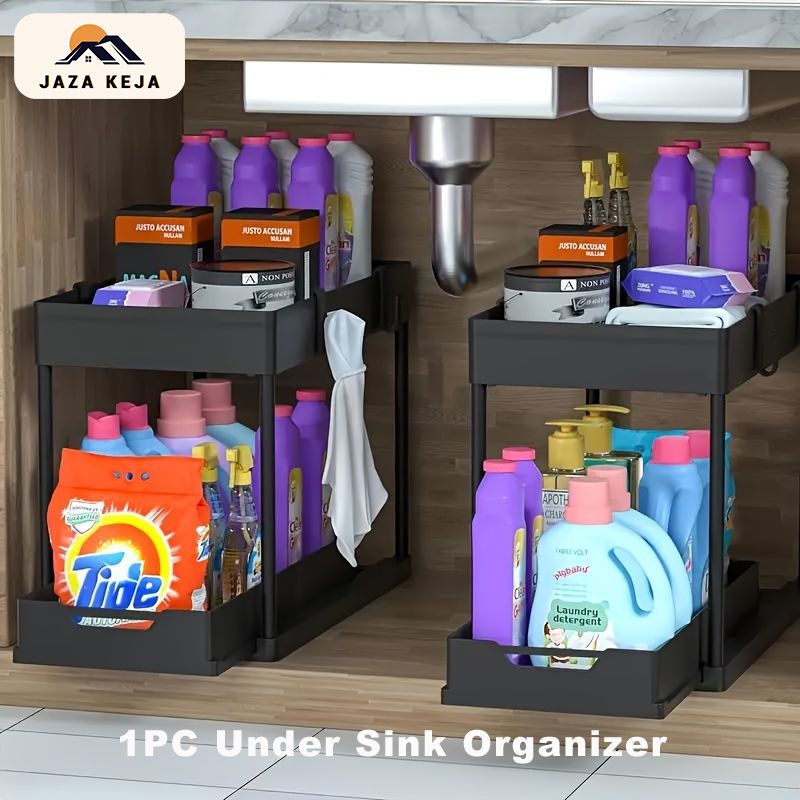 Jaza Keja Double Sliding Under Sink Organizers Pull-out 2 Tier Bathroom Storage Organization Shelves for Kitchen Storage