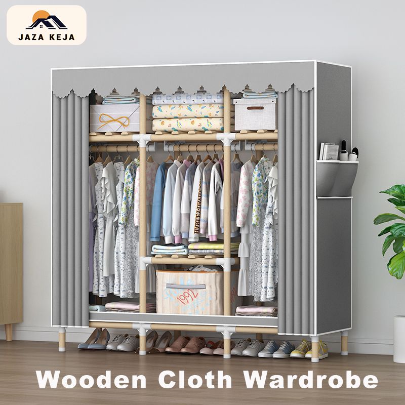 Jaza Keja 125cm Wide Wooden Frame Wardrobe Oxford Cloth Large Storage Cabinets Gray Wardrobe Clothes Storage Organizer for Extra Sturdy