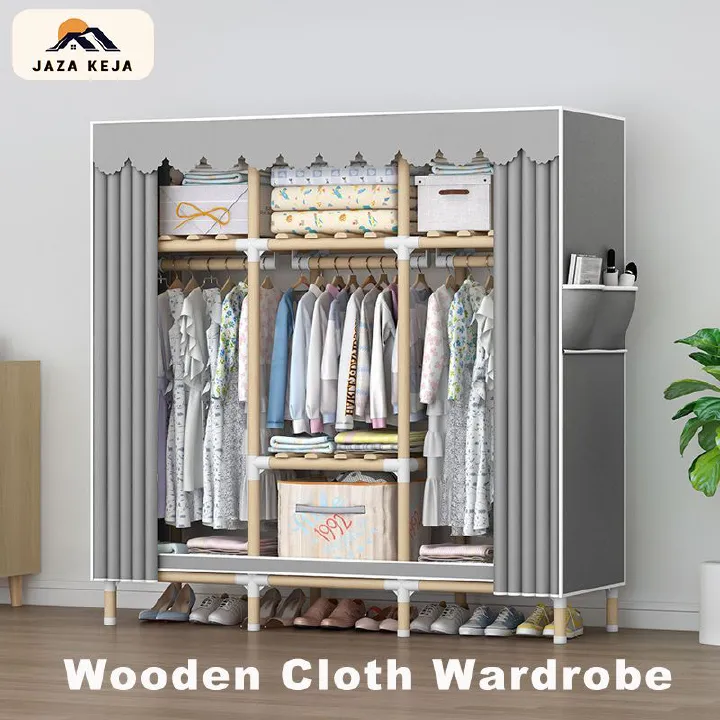 Jaza Keja 125cm Wide Wooden Frame Wardrobe Oxford Cloth Large Storage Cabinets Gray Wardrobe Clothes Storage Organizer for Extra Sturdy