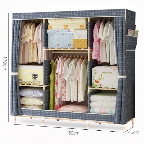 Jaza Keja 150cm Wide Wooden Frame Wardrobe Oxford Cloth Large Storage Cabinets Wardrobe
