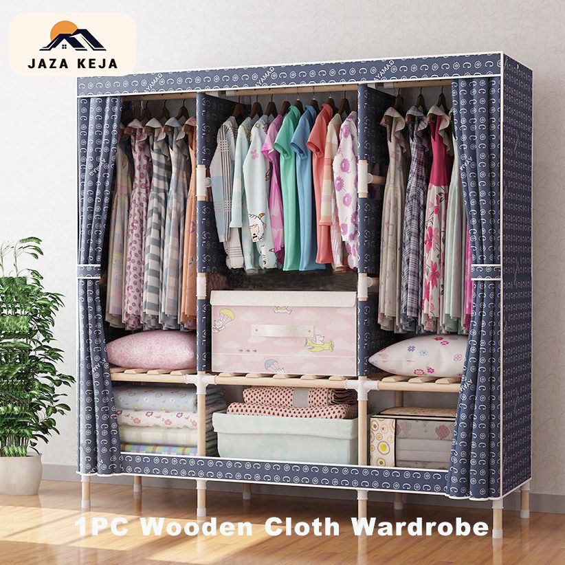Jaza Keja 150cm Wide Wooden Frame Wardrobe Oxford Cloth Large Storage Cabinets Wardrobe
