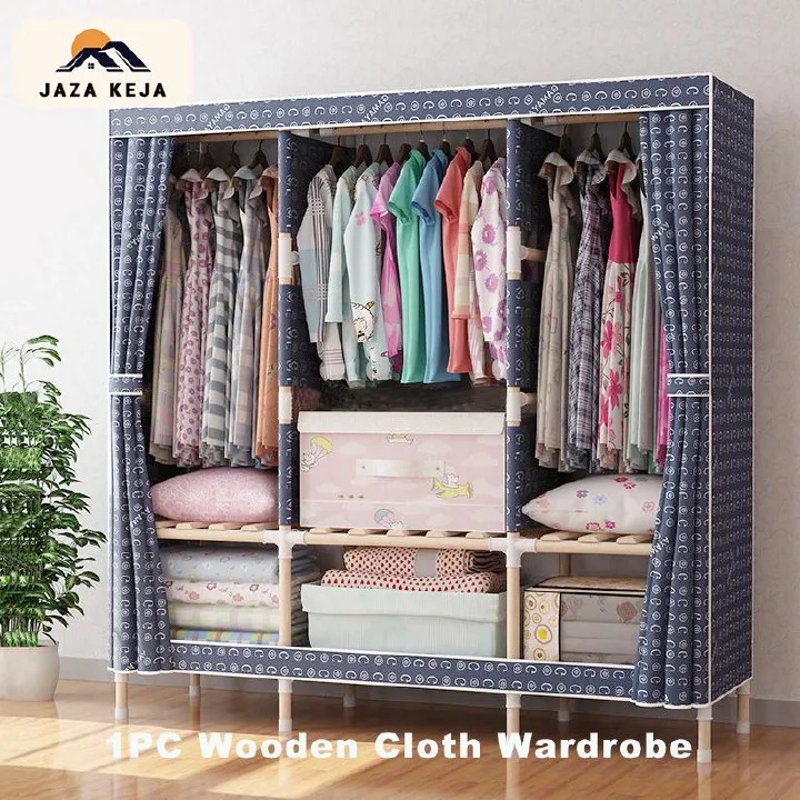 Jaza Keja 150cm Wide Wooden Frame Wardrobe Oxford Cloth Large Storage Cabinets Wardrobe
