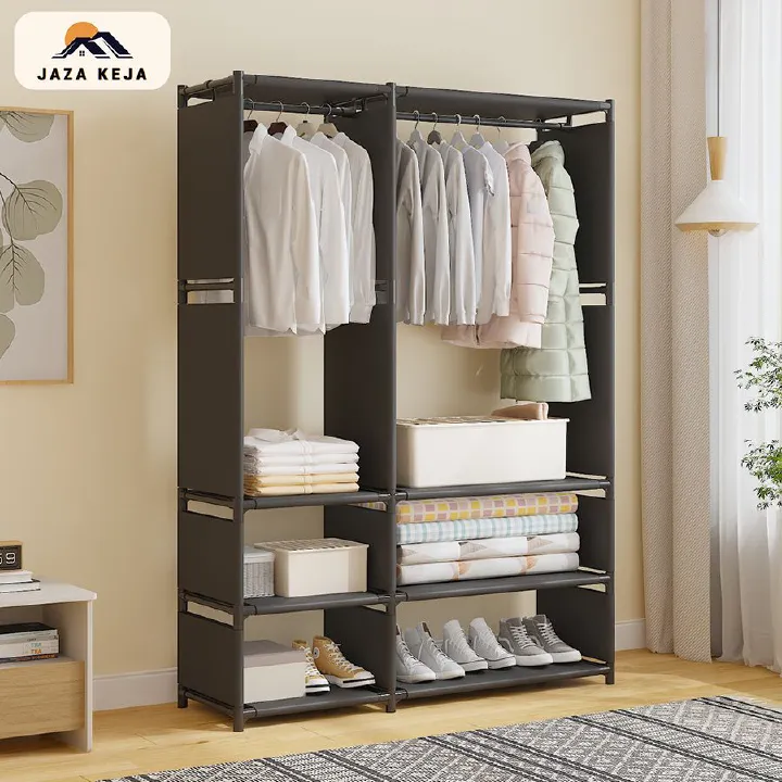 Jaza Keja 2 Columns Clothes Portable Wardrobe Garment Rack Shoes Hat Integrated Clothes Drying Rack Storage Shelf Home Organizer
