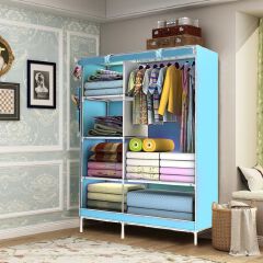 [Sale]Jaza Keja Portable 2 Columns Wardrobe Closet Clothes Storage Organization Metallic Organizer Non-Woven Fabric Cover with 6 Storage Shelves 2 Hanging Sections