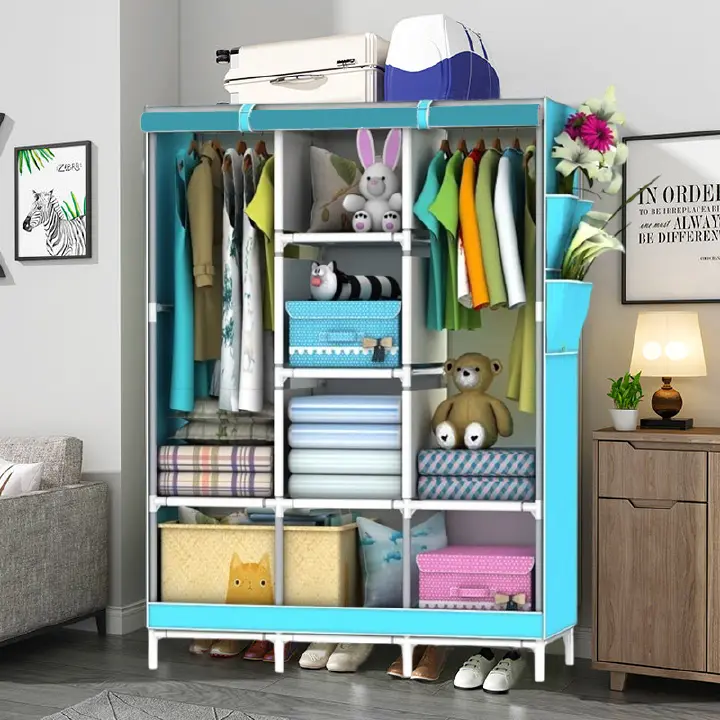 Jaza Keja 105cm Wide 3 Columns metalic Clothes Storage Portable Wardrobe Dustproof Cover Closet Durable Clothes Rack Organizer