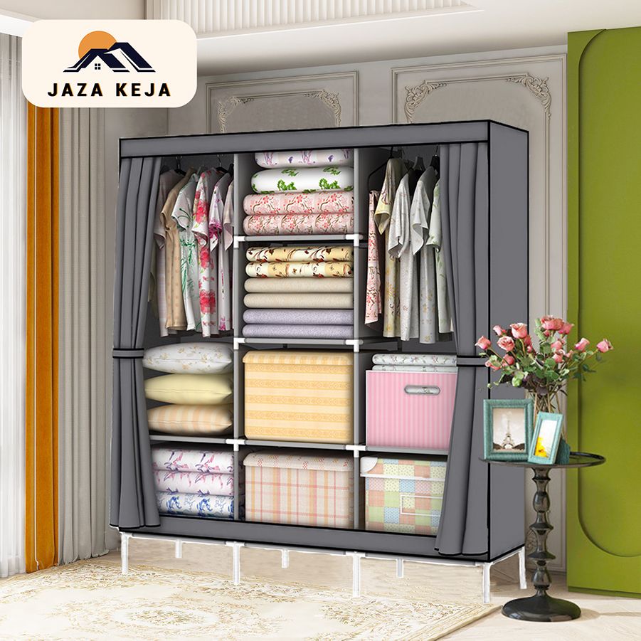 Jaza Keja 3 Columns Assemble Closets Portable Home Storage Metallic Portable Cloth Wardrobe for Hanging Clothes with 2 Hanging Rods