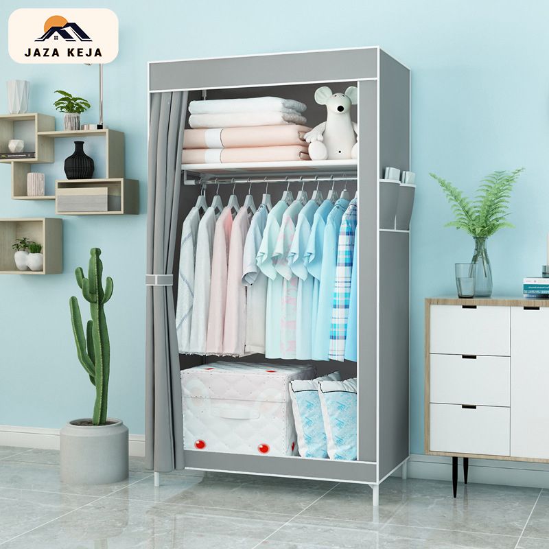 Jaza Keja Portable Single Column Wardrobe Closet Clothes Metallic Organizer Non-Woven Fabric Cover with 3 Storage Shelves 2 Hanging Sections