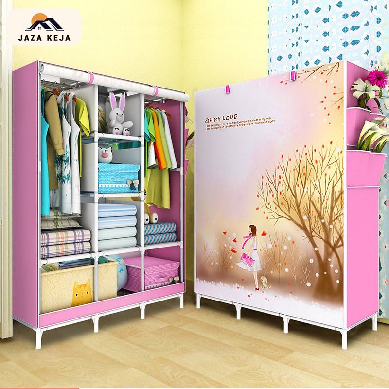 Jaza Keja Portable 3 Columns Wardrobe Closet Clothes Organizer Cartoon Cover with 6 Storage Shelves 2 Hanging Sections