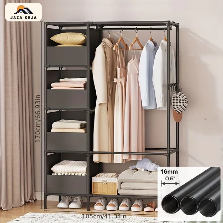 Jaza Keja DIY 2 Columns Assembly Wardrobe (NO Curtains) Household Hanging Clothes Racks Bedroom Storage Wardrobe Simple Dormitories Room Clothes Storage Wardrobe