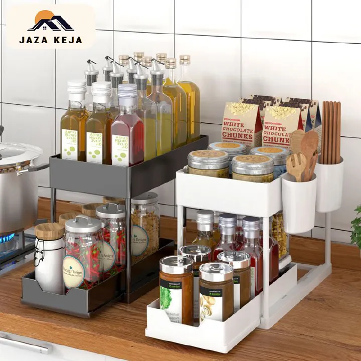 Jaza Keja Double Sliding Under Sink Organizers Pull-out 2 Tier Bathroom Storage Organization Shelves for Kitchen Storage