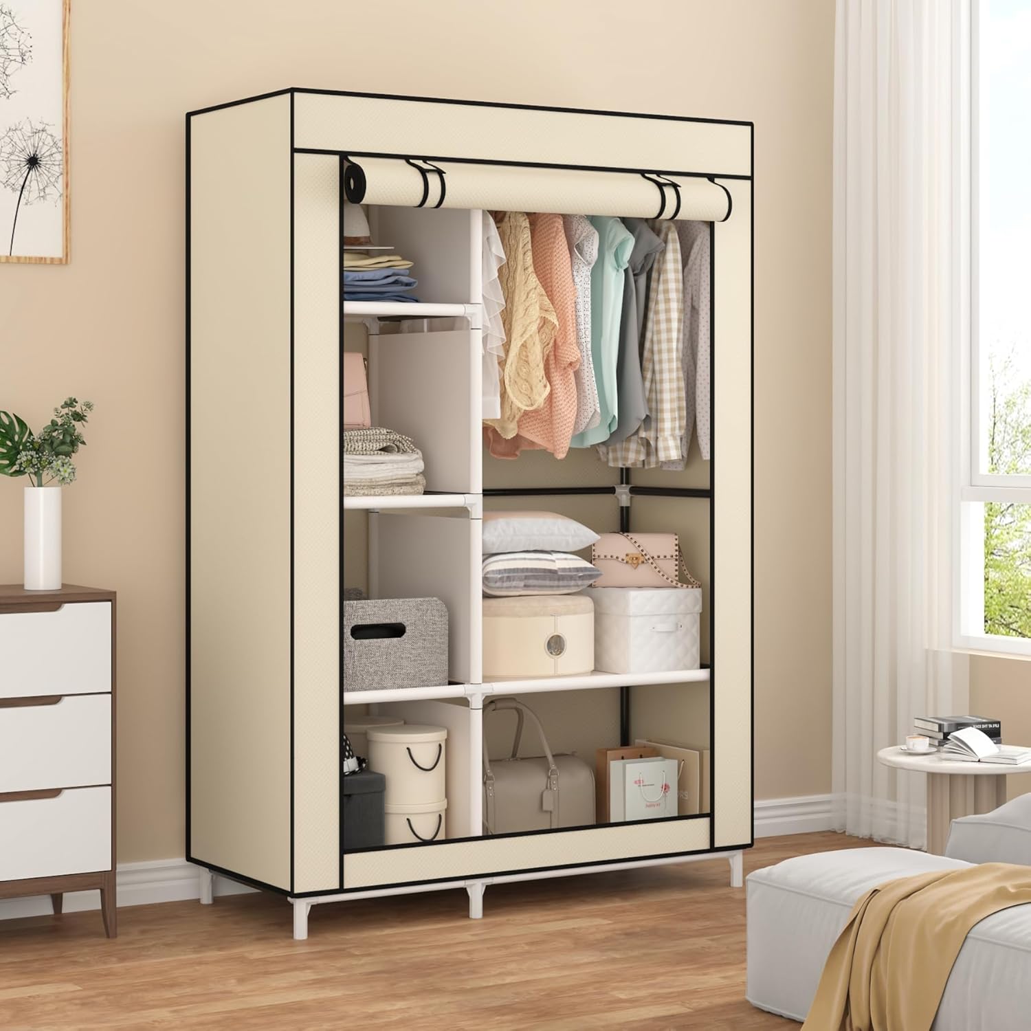 Jaza Keja Portable 2 Columns Wardrobe Closet Clothes Storage Organization   Metallic Organizer Non-Woven Fabric Cover with 6 Storage Shelves 2 Hanging Sections