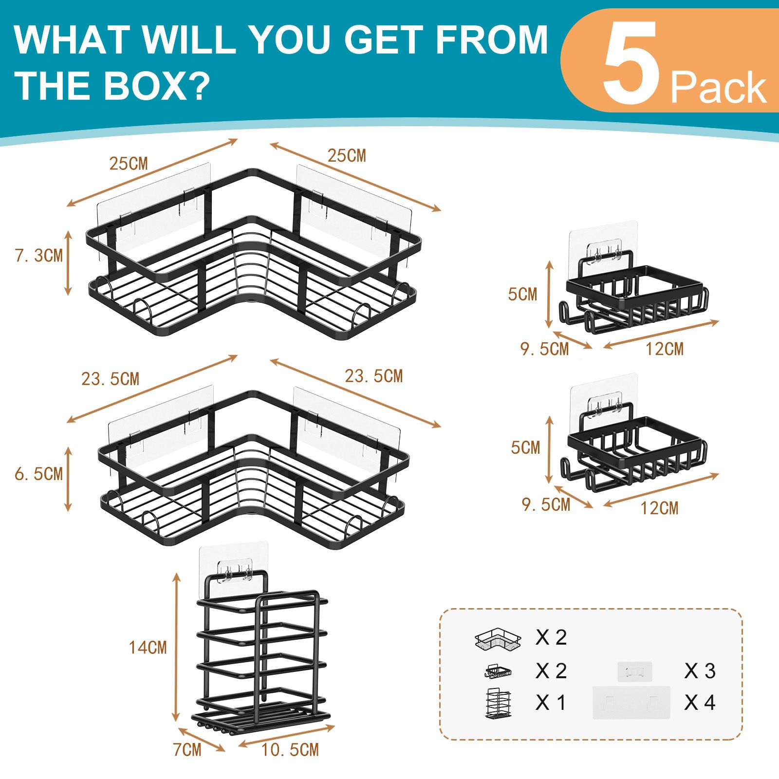 Jaza Keja 5pcs Corner Shower Caddy Organizer Storage Rack Accessories Rustproof Stainless Steel for Bathroom Countertop Home Decor Set
