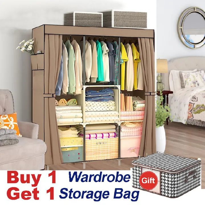 【Promotions】Jaza Keja 105cm Portable 3 Columns Wardrobe Closet Clothes Metallic Organizer Non-Woven Fabric Cover with 6 Storage Shelves 2 Hanging Sections