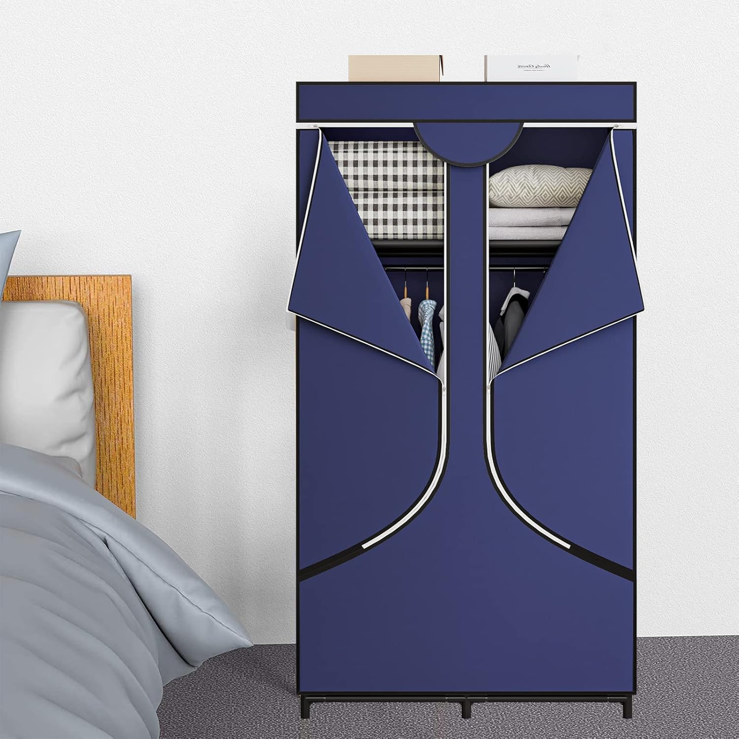 Jaza Keja 2 Columns Portable Wardrobe Metal Hanging Rack Non-Woven Fabric Closet Storage Organizer easy-access zipper