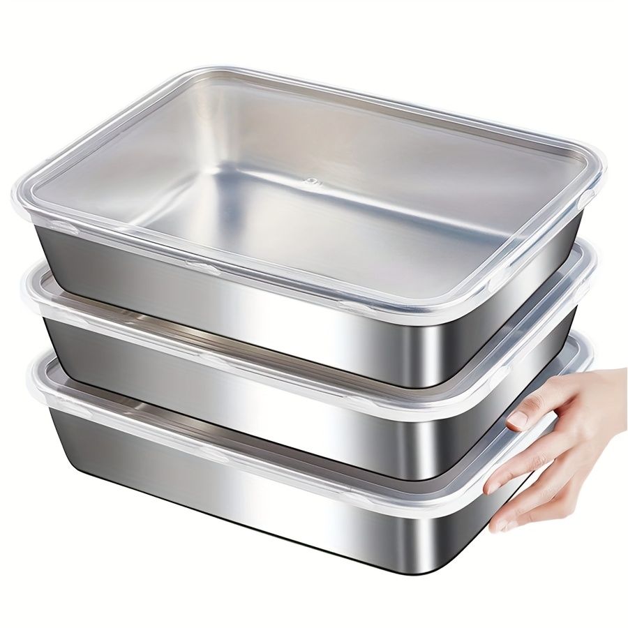 Jaza Keja 3PC Stainless Steel Food Storage Containers Baking Pan with Lids Kitchen Tray Stackable Container for Kitchen Refrigerator Organization