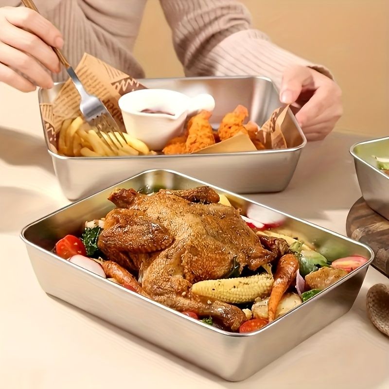 Jaza Keja 3PC Stainless Steel Food Storage Containers Baking Pan with Lids Kitchen Tray Stackable Container for Kitchen Refrigerator Organization
