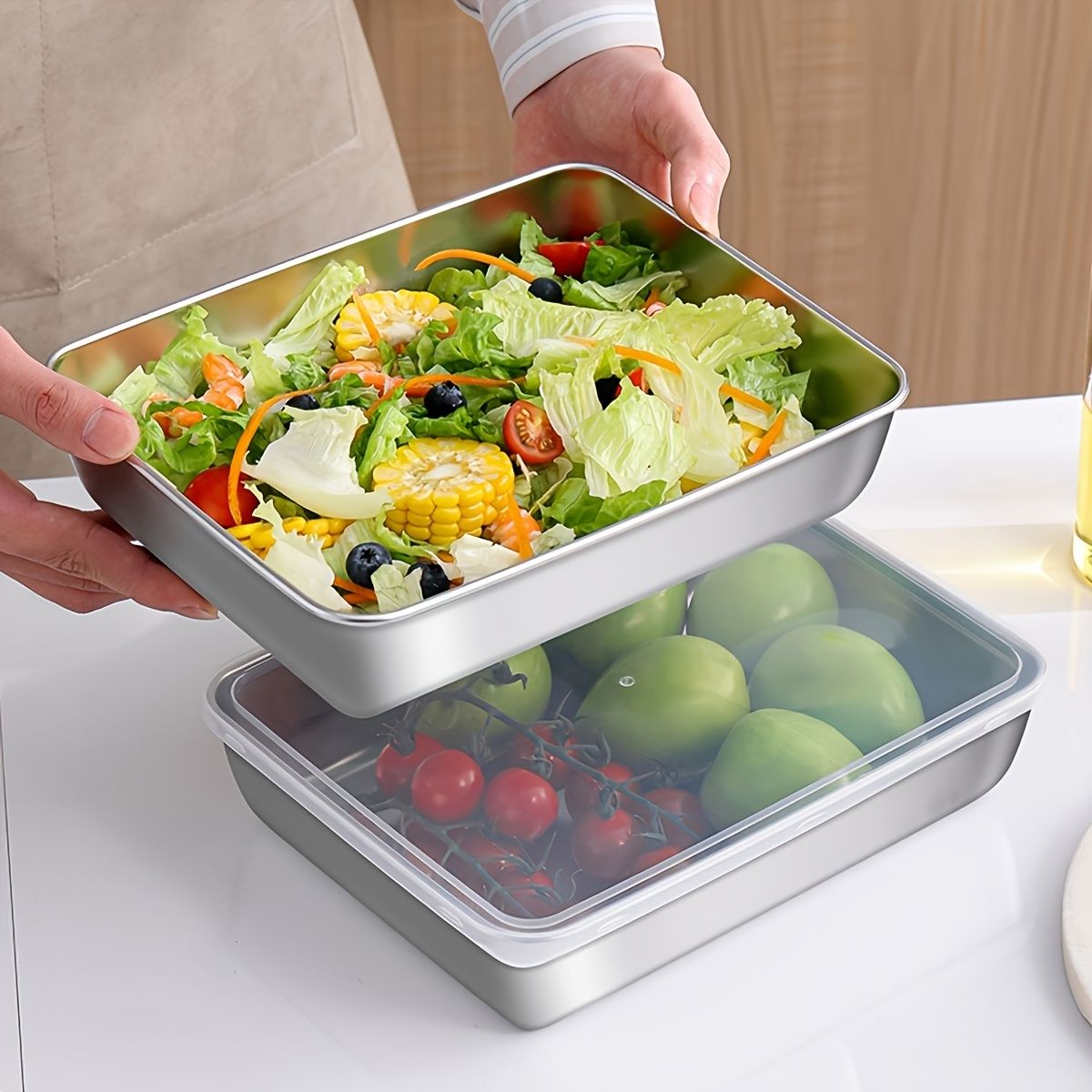 Jaza Keja 3PC Stainless Steel Food Storage Containers Baking Pan with Lids Kitchen Tray Stackable Container for Kitchen Refrigerator Organization