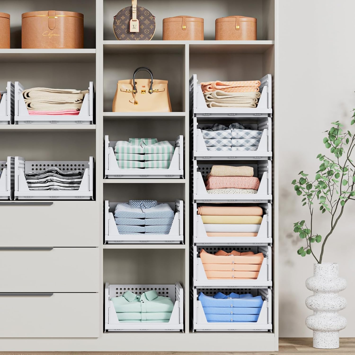 Jaza Keja 1PC Stackable Plastic Closet Organizer Box with Sliding Drawers Bins Foldable Storage Basket for Wardrobe Cupboard Kitchen Bathroom Office