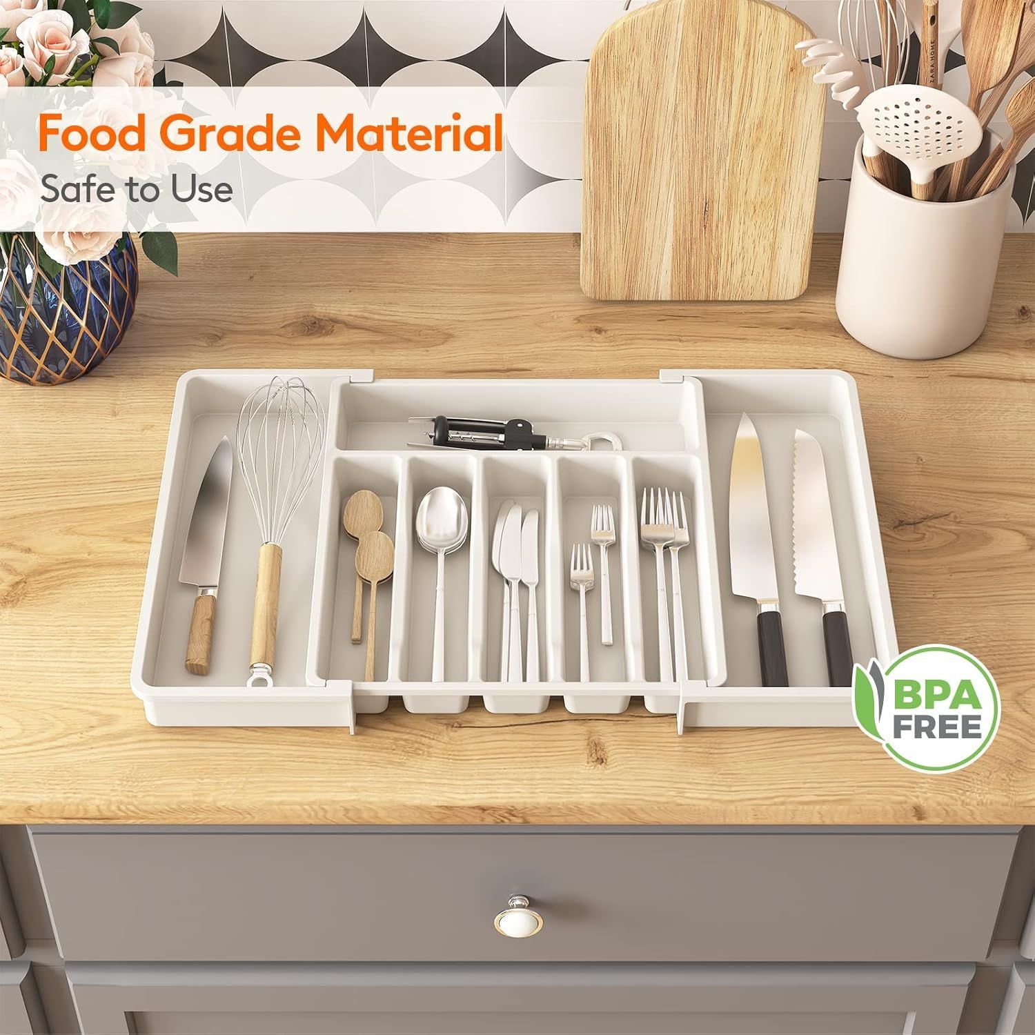 Jaza Keja 1PC Expandable Utensil Tray Kitchen Silverware Drawer Organizer Plastic BPA Free Flatware Cutlery Holder Forks Knives Storage