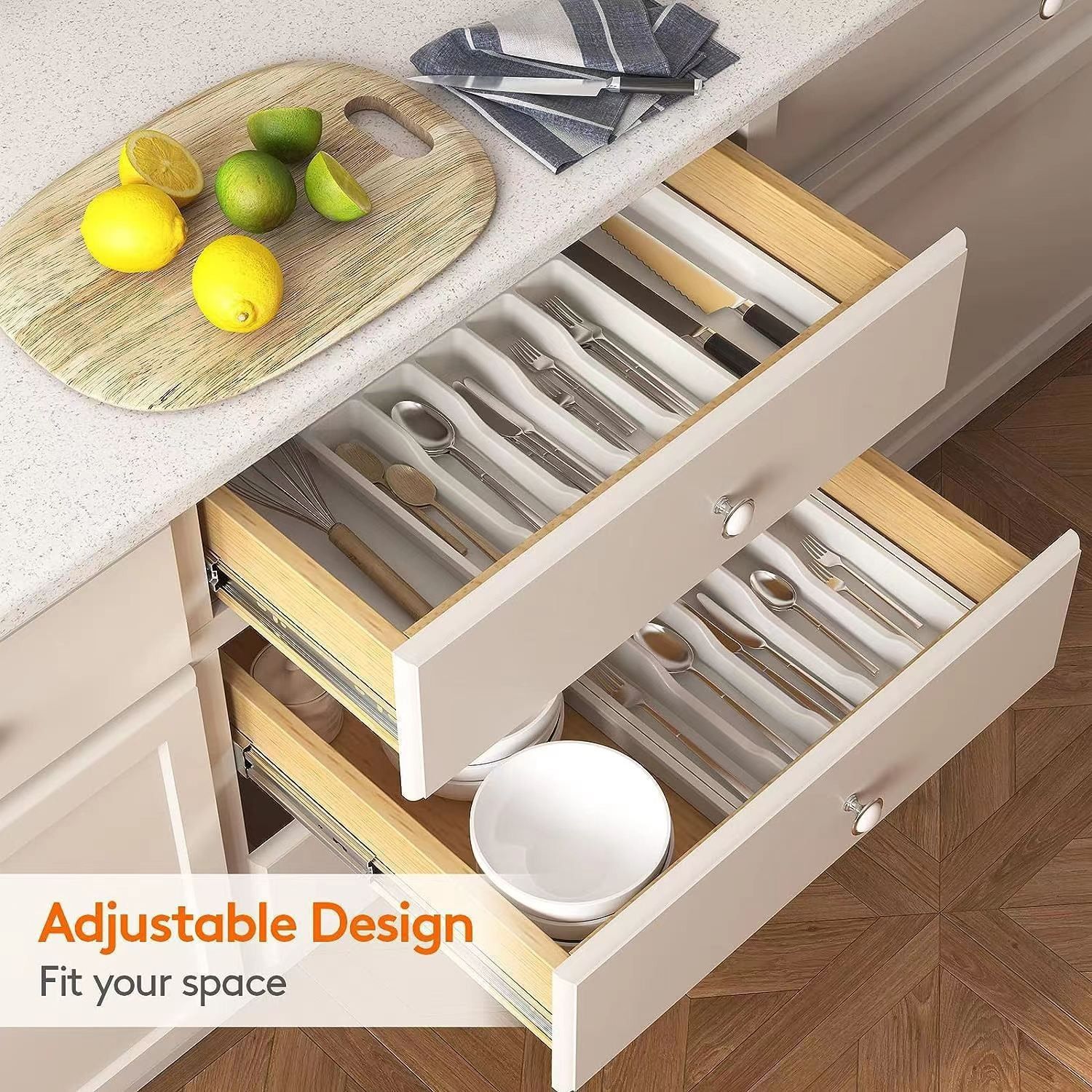 Jaza Keja 1PC Expandable Utensil Tray Kitchen Silverware Drawer Organizer Plastic BPA Free Flatware Cutlery Holder Forks Knives Storage