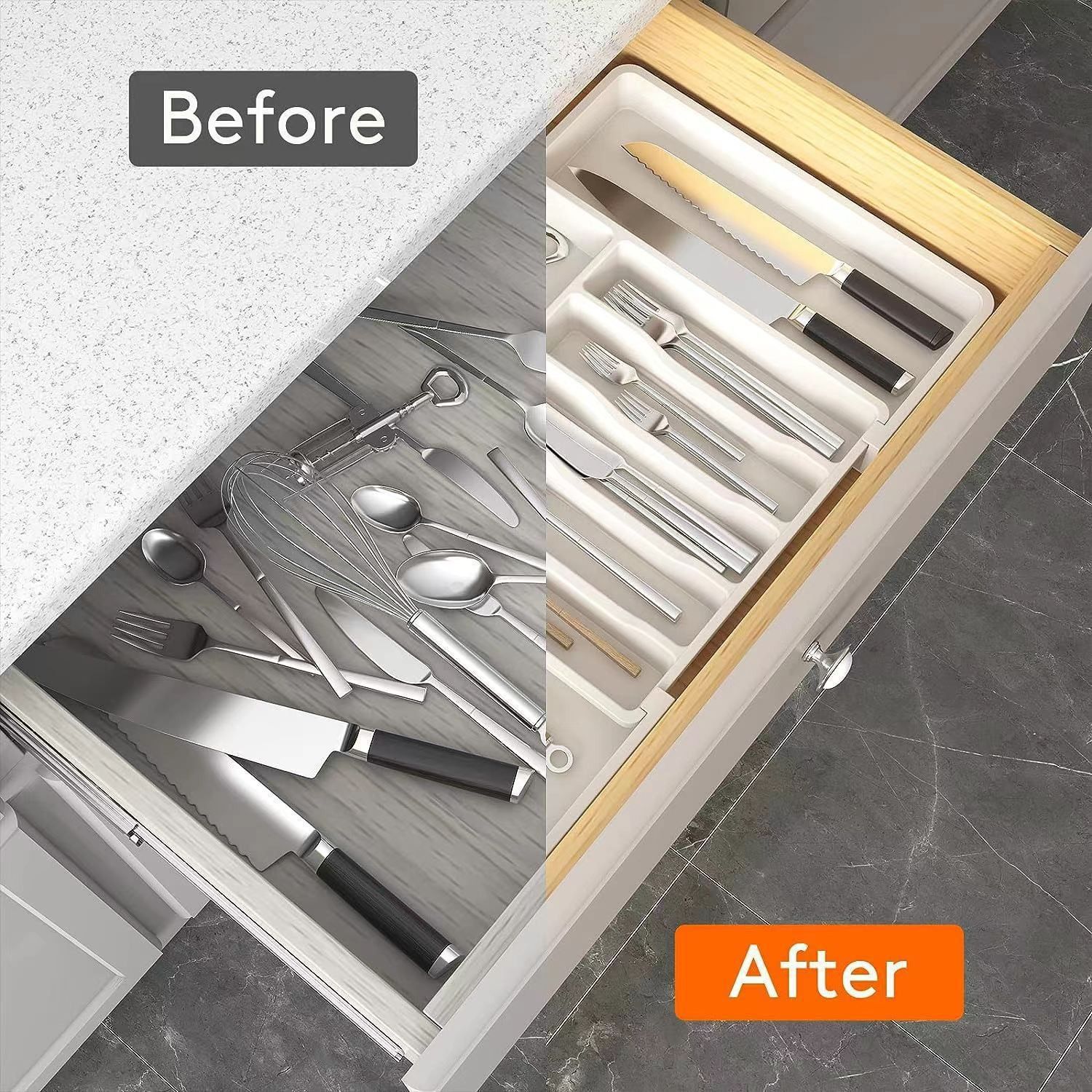 Jaza Keja 1PC Expandable Utensil Tray Kitchen Silverware Drawer Organizer Plastic BPA Free Flatware Cutlery Holder Forks Knives Storage