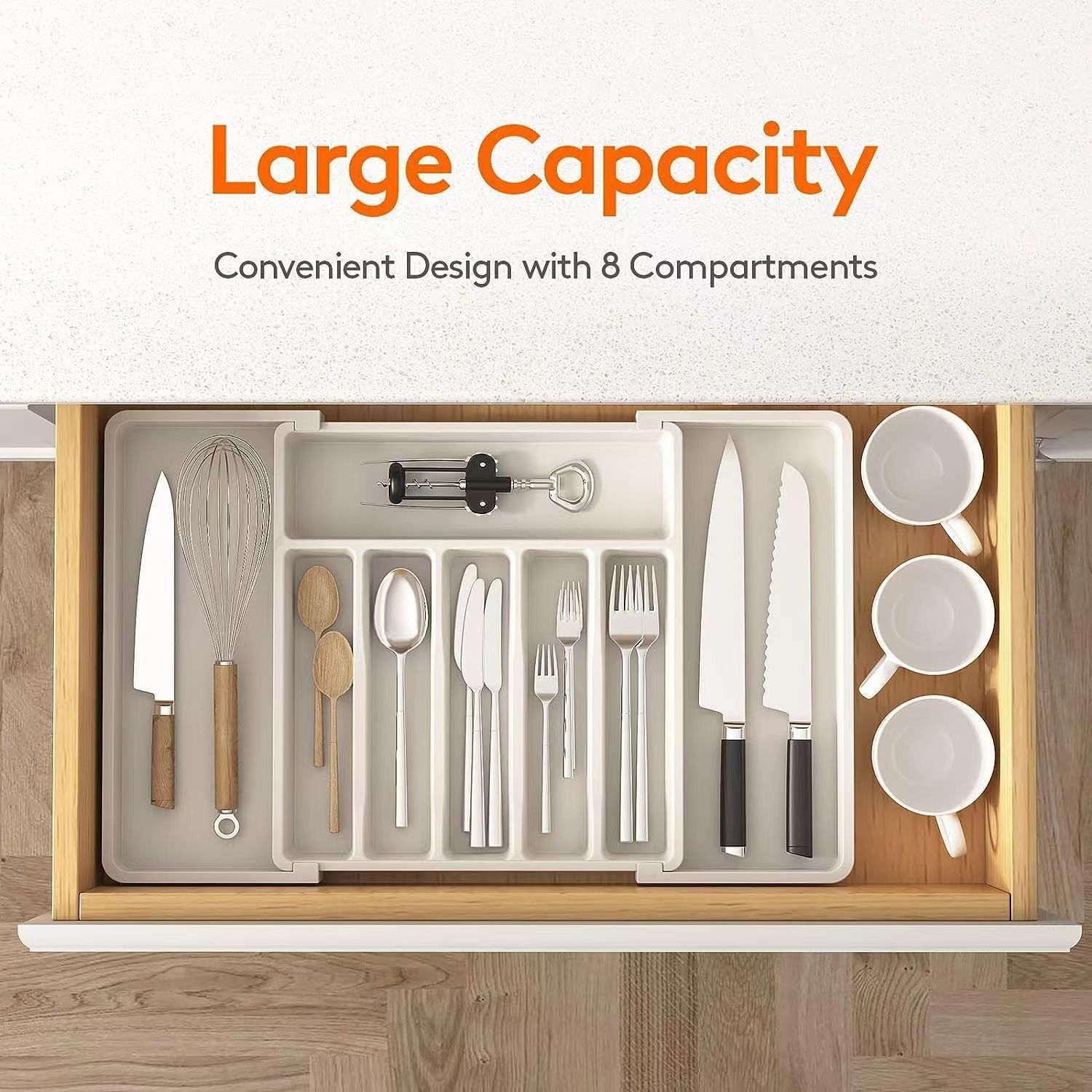 Jaza Keja 1PC Expandable Utensil Tray Kitchen Silverware Drawer Organizer Plastic BPA Free Flatware Cutlery Holder Forks Knives Storage