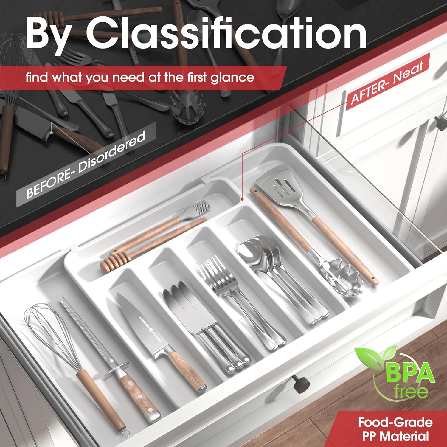 Jaza Keja 1PC Expandable Utensil Tray Kitchen Silverware Drawer Organizer Plastic BPA Free Flatware Cutlery Holder Forks Knives Storage