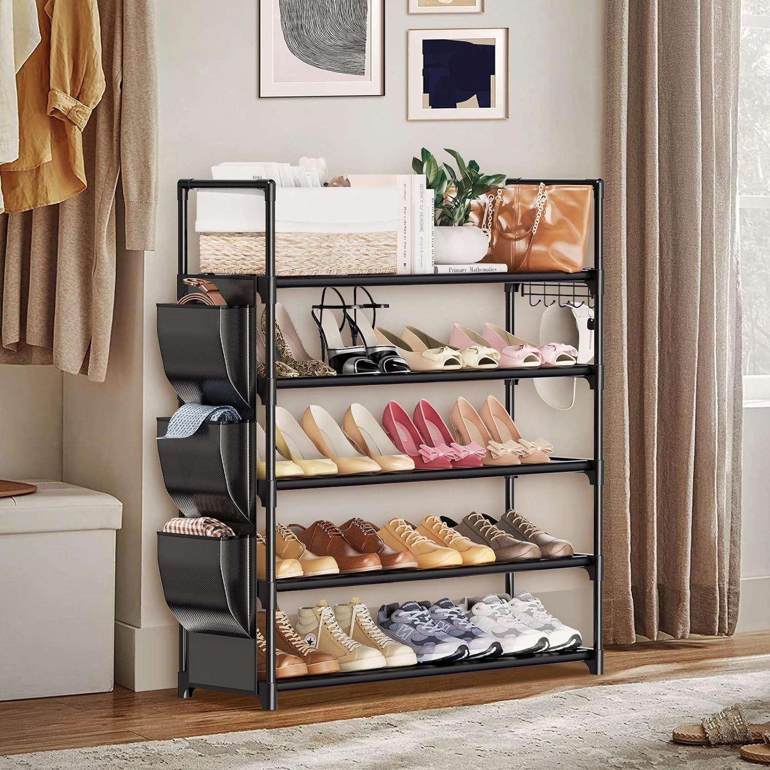Jaza Keja 5 Layer Shoes Rack with Side Storage Bag Shoe Organizer Storage 20-25 Pairs Entryway Shoe Holder